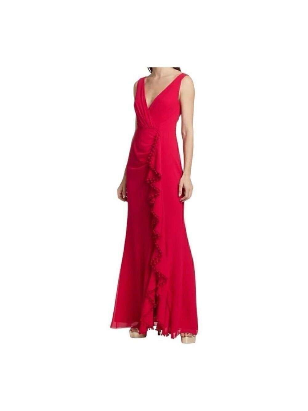 Badgley Mischka Red V-neck Ruffle Pom Pom Gown Size 8